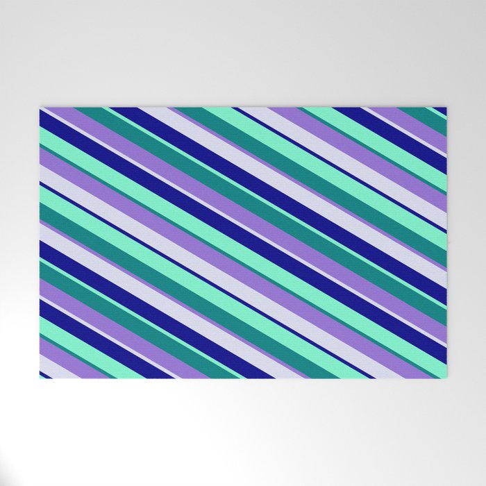 Eye-catching Teal, Purple, Lavender, Dark Blue, and Aquamarine Colored Pattern of Stripes Welcome Mat