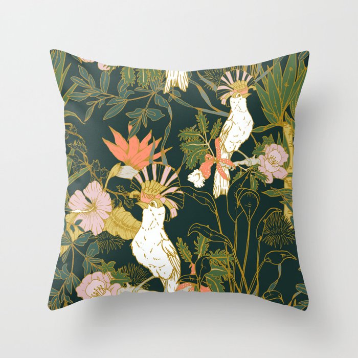 Drawing of exotic birds in the dark jungle Throw Pillow