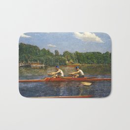 Boston's Head of the Charles River Regatta crew rowing sculling Biglin Brothers racing boats landscape masterpiece by Thomas Eakins Boston's Head of the Charles Regatta Bath Mat | Sculling, Rowing, Charles, Painting, Yale, Headofthecharles, Boathouse, Dewolfe, Commons, Regatta 