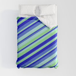 [ Thumbnail: Turquoise, Light Green, Blue, and Royal Blue Colored Stripes/Lines Pattern Duvet Cover ]