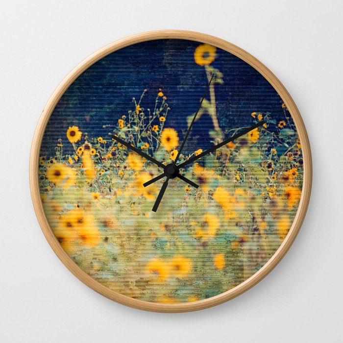 Vagabond Ways -- Summer Rustic Textured Floral Botanical Landscape Sunflowers Wall Clock