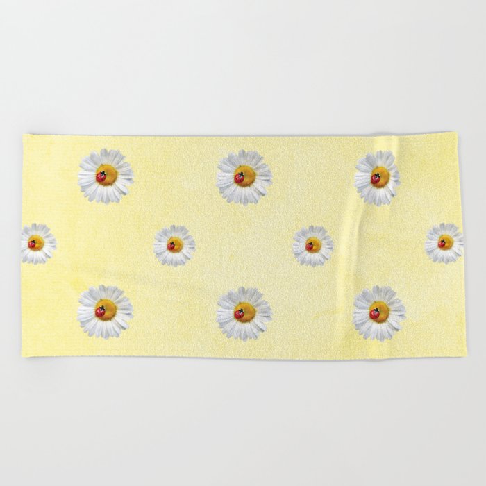Daisies in love- Yellow Daisy Flower Floral pattern with Ladybug Beach Towel