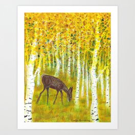 Deer Grazing in a Grove of Golden Aspen Trees Art Print
