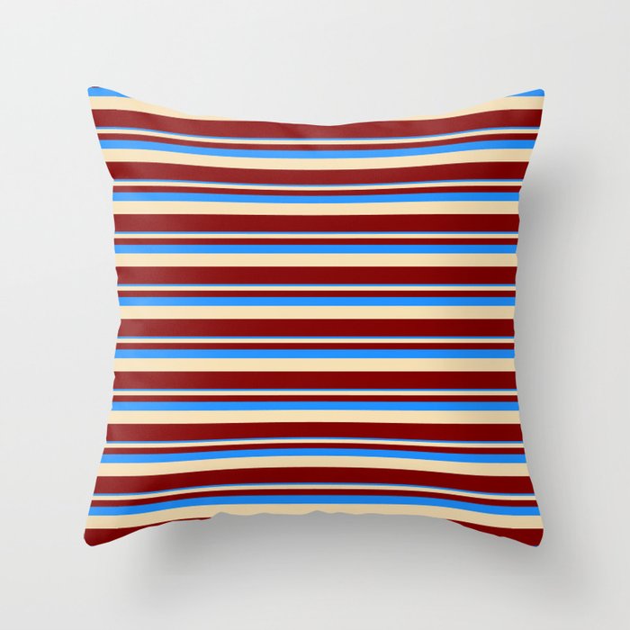 Blue, Tan, and Maroon Colored Lined Pattern Throw Pillow