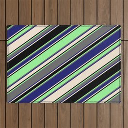 [ Thumbnail: Vibrant Green, Dim Grey, Midnight Blue, Beige & Black Colored Striped Pattern Outdoor Rug ]
