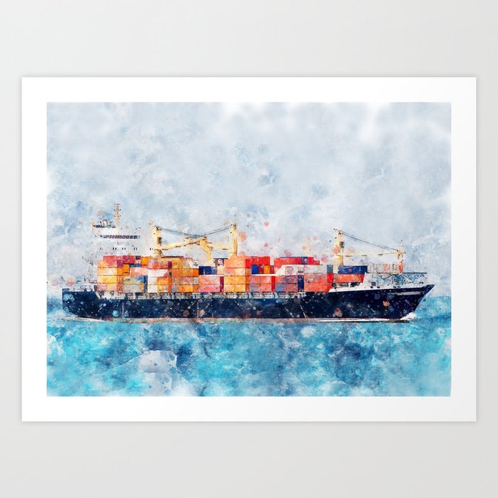 Container ship watercolor oil paint effect design Art Print by Colorbyte