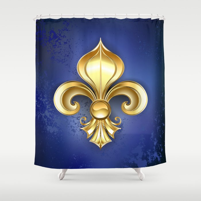 Gold Fleur De Lis on a Blue Background Shower Curtain