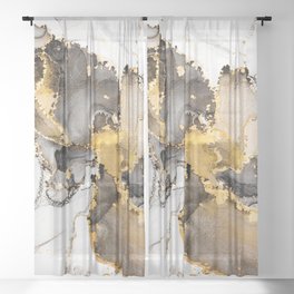 Luxury abstract fluid art painting in alcohol ink technique, mixture of black, gray and gold paints. Imitation of marble stone cut, glowing golden veins. Tender and dreamy design.  Sheer Curtain