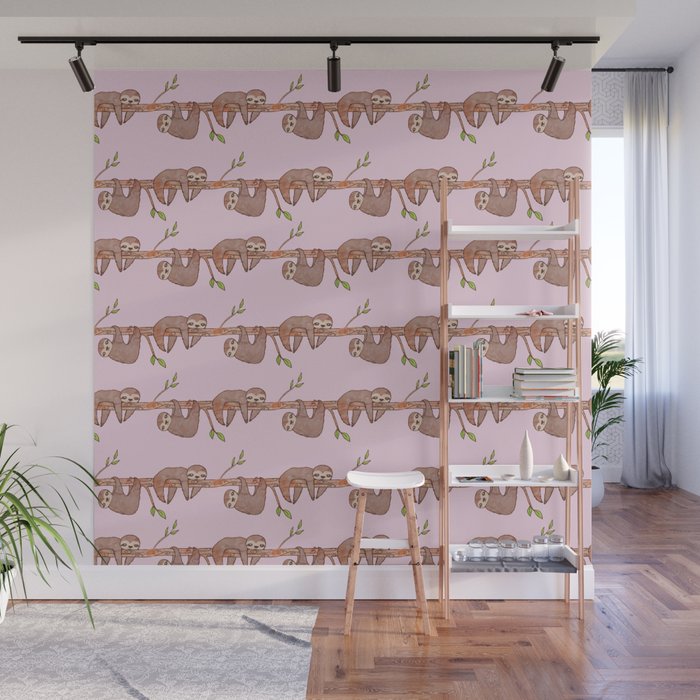 Lazy Baby Sloth Pattern in Pink Wall Mural