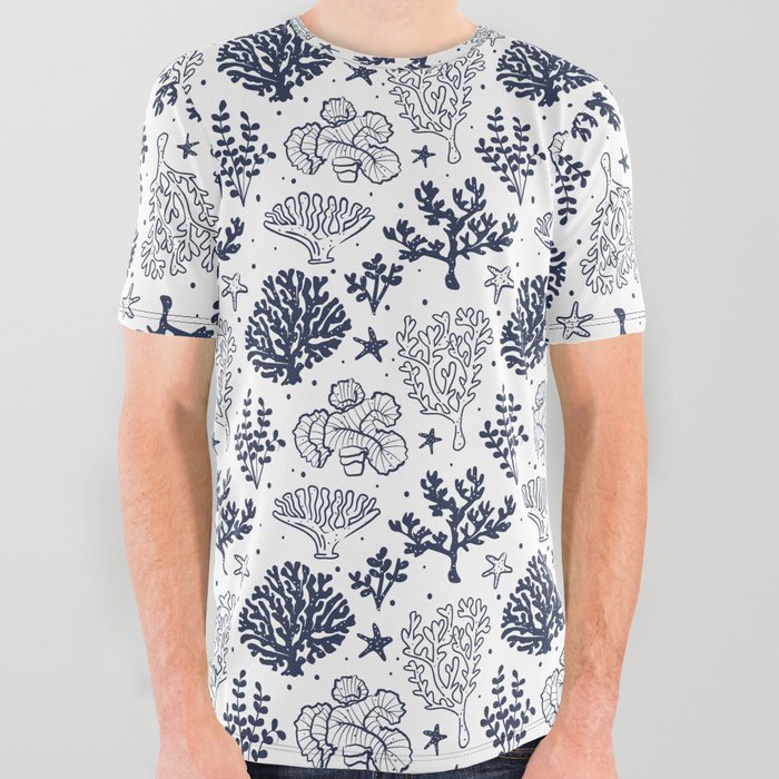 Navy Blue Coral Silhouette Pattern All Over Graphic Tee