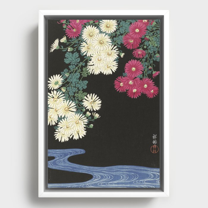 Chrysanthemums and Running Water Framed Canvas