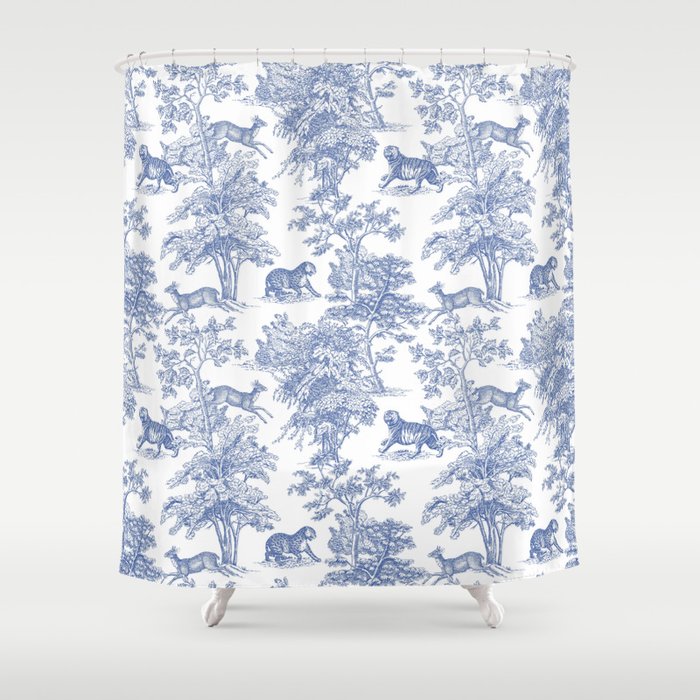 Toile de Jouy Vintage French Exotic Jungle Forest Navy Blue & White Shower Curtain