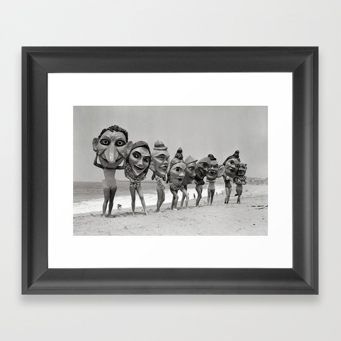 Women Wearing Bizzaro Macabre Carnival Masks at Venice Beach black and white photograph Framed Art Print
