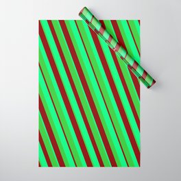 [ Thumbnail: Green, Lime Green & Dark Red Colored Stripes/Lines Pattern Wrapping Paper ]
