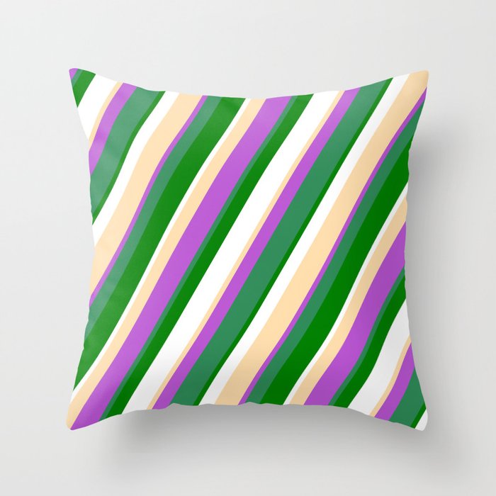 Tan, Orchid, Sea Green, Green & White Colored Stripes/Lines Pattern Throw Pillow
