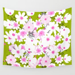 Retro Wild Spring Mums Flowers Green Wall Tapestry