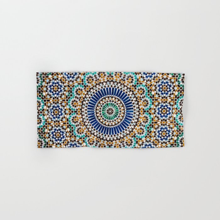 blue gold moroccan tile Hand Bath Towel by teenage dream