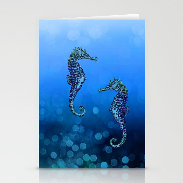 Sea Horse Couple In Deep Blue Water Stationery Cards