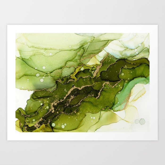 Green Olive and Gold Abstract Ink Art Print