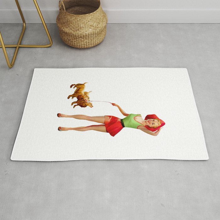 Sexy Blonde Pin Up With Green Dress Red Skirt And Two Dogs Rug