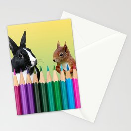 Colored Pencils - Squirrel & black and white Bunny - Rabbit Stationery Card