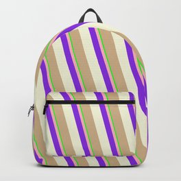 [ Thumbnail: Eye-catching Lime, Light Pink, Purple, Beige & Tan Colored Stripes Pattern Backpack ]