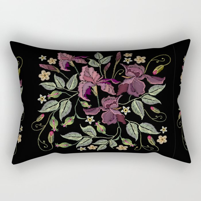 Beautiful spring purple irises against black background, embroidery template. Embroidery irises Rectangular Pillow