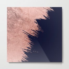 Navy blue abstract faux rose gold brushstrokes Metal Print