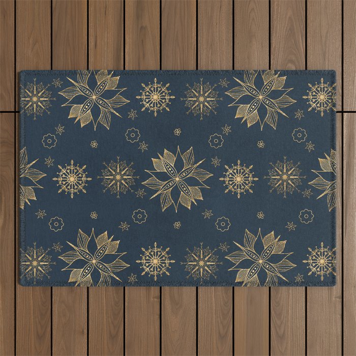 Elegant Gold Blue Poinsettias Snowflakes Pattern Outdoor Rug