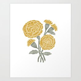Marigold - gold marigold, yellow,  yellow flowers, yellow floral, linocut art, woodcut art, woodblock art, marigold flowers Art Print