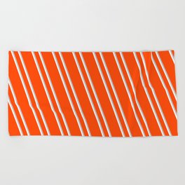 [ Thumbnail: Red, Grey, and White Colored Striped/Lined Pattern Beach Towel ]