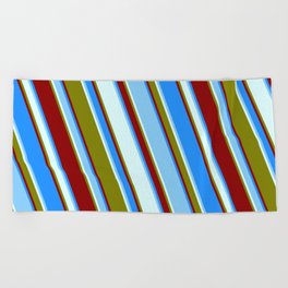[ Thumbnail: Vibrant Blue, Light Sky Blue, Light Cyan, Green & Dark Red Colored Lined/Striped Pattern Beach Towel ]