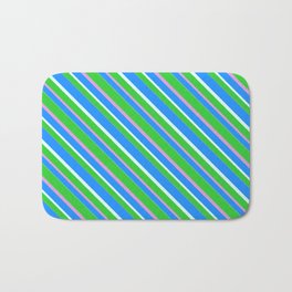 [ Thumbnail: Lime Green, Plum, Blue & Light Cyan Colored Pattern of Stripes Bath Mat ]