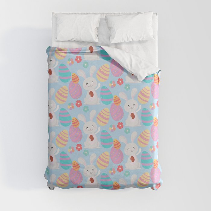 Colorful Pastel Easter Egg Rabbit Pattern Duvet Cover