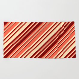 [ Thumbnail: Red, Beige, and Maroon Colored Striped/Lined Pattern Beach Towel ]