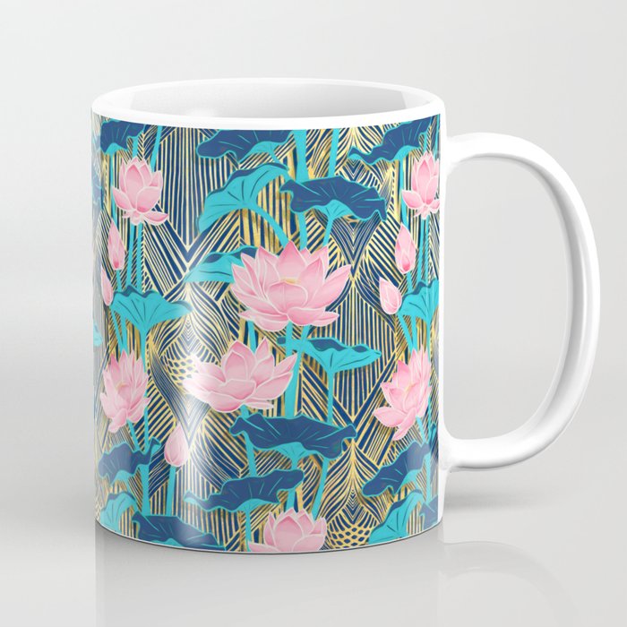 Art Deco Lotus Flowers in Pink & Navy Coffee Mug
