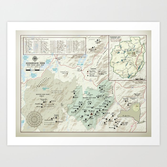 Adirondack 46er [vintage inspired] High Peaks area map Art ...