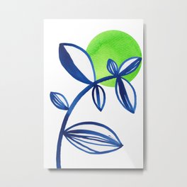 Blue and lime green minimalist leaves Metal Print