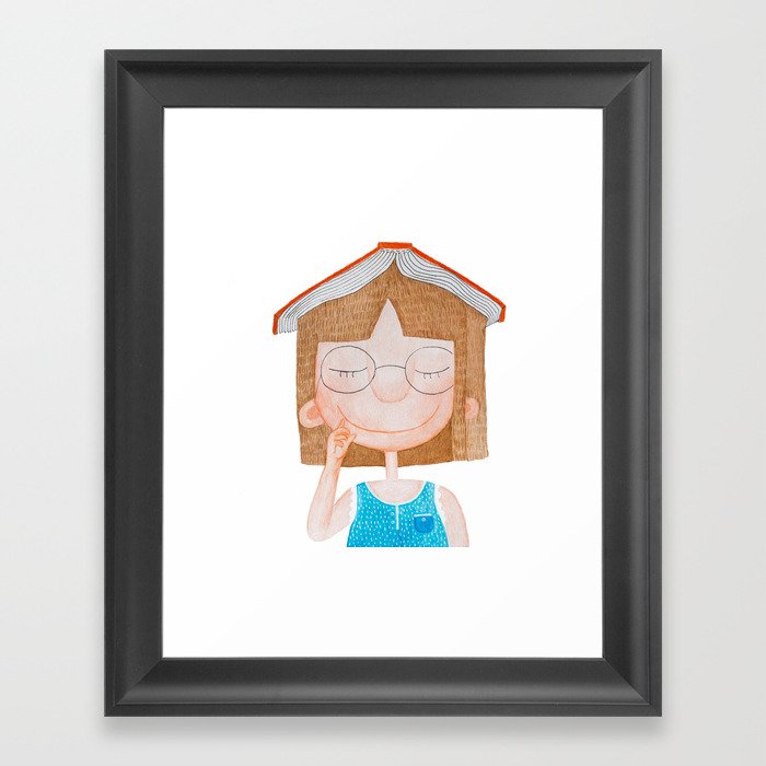 Smiling little cute girl with eyeglasses, and red book on her head. Watercolor illustration. Framed Art Print