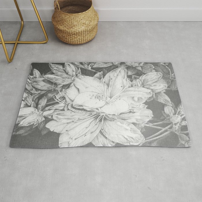 "Flourishing Flower Petals" Pencil Drawing in Black and White Rug