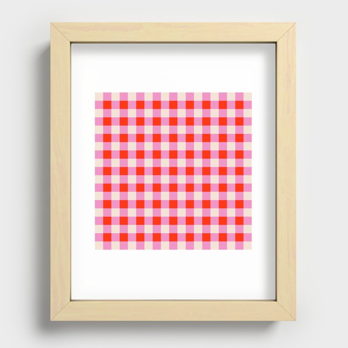 Pink and Ruby Red Gingham Plaid Retro Pattern Recessed Framed Print