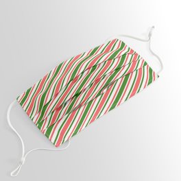 [ Thumbnail: Christmas-Style Red, White & Green Colored Stripes/Lines Pattern Face Mask ]