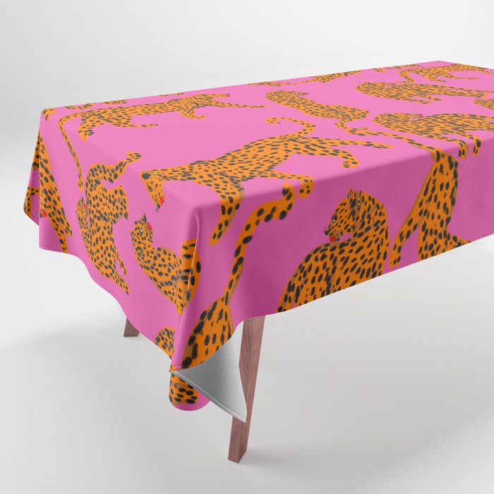 Abstract leopard with red lips illustration in fuchsia background  Tablecloth