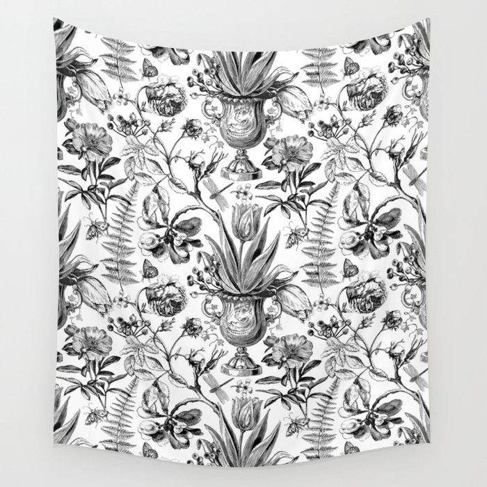 Black And White Tulip Spring Pattern Wall Tapestry