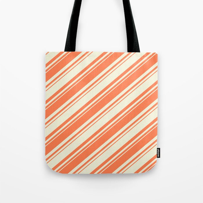 Coral and Beige Colored Lined/Striped Pattern Tote Bag