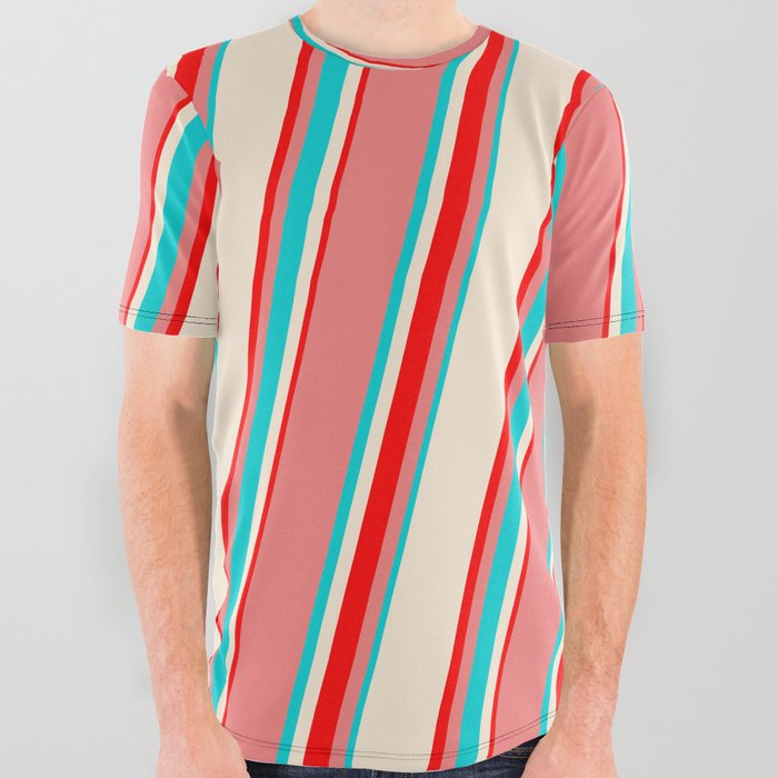 Light Coral, Dark Turquoise, Beige & Red Colored Lines/Stripes Pattern All Over Graphic Tee