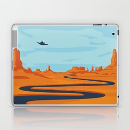  landscape with deserted valley, mountains, dark winding river and flying saucer in the sky. Decorative illustration on the theme of of alien invasion. Western scenery and UFO Laptop Skin