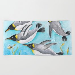 Emperors Penguins Swimming Underwater Blue Watercolor Beach Towel