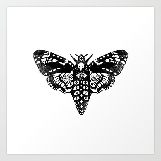 Moth linocut black and white minimal modern art print square moths nature Art Print