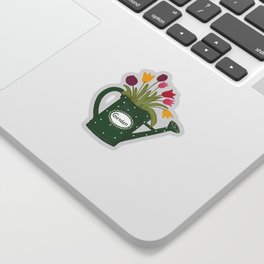 Green watering can with colorful spring bouquet Sticker